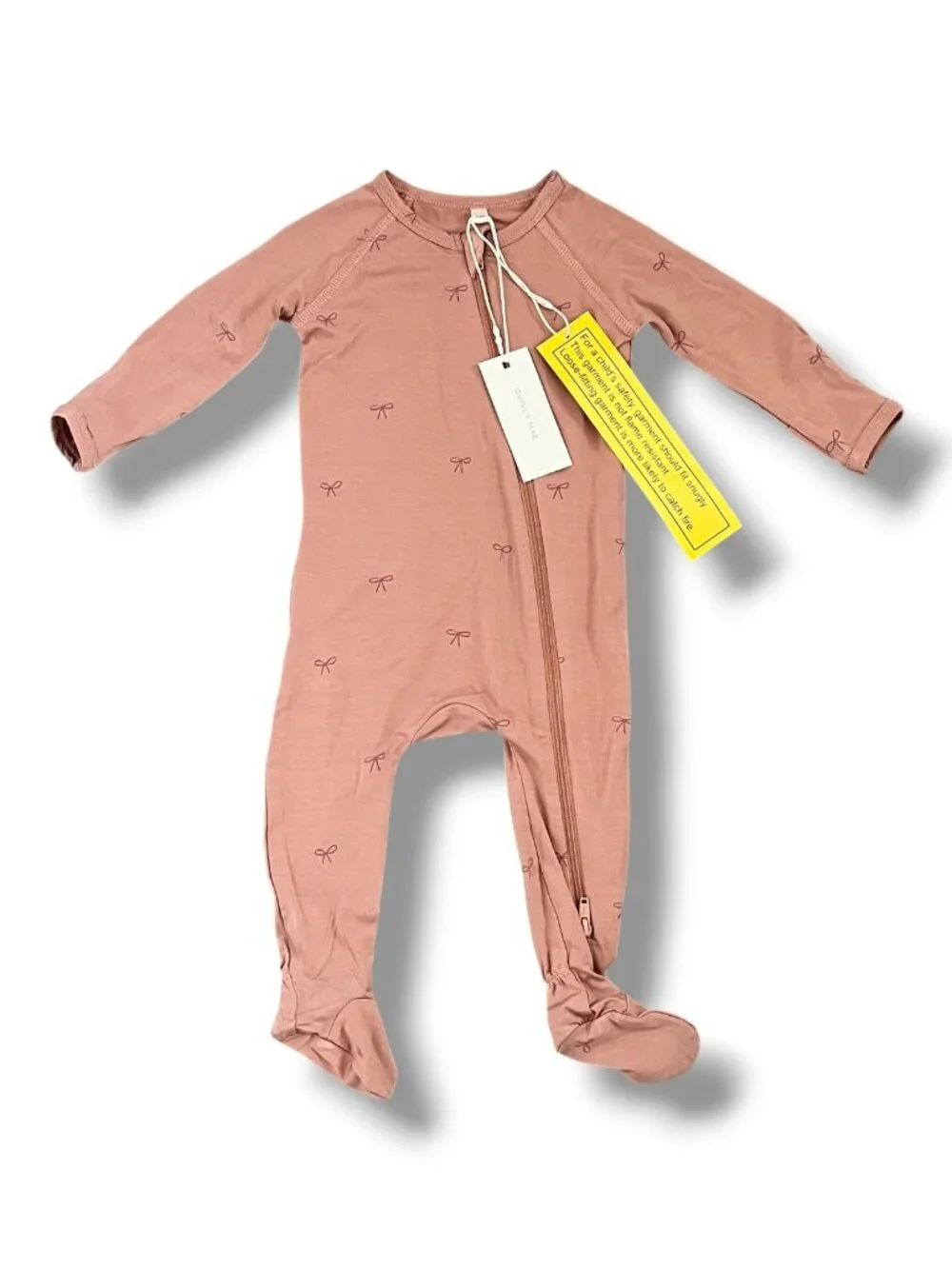 NWT Quincy Mae Bow Bamboo Zip Footie in Blush Pink Mauve Size 0-3M
